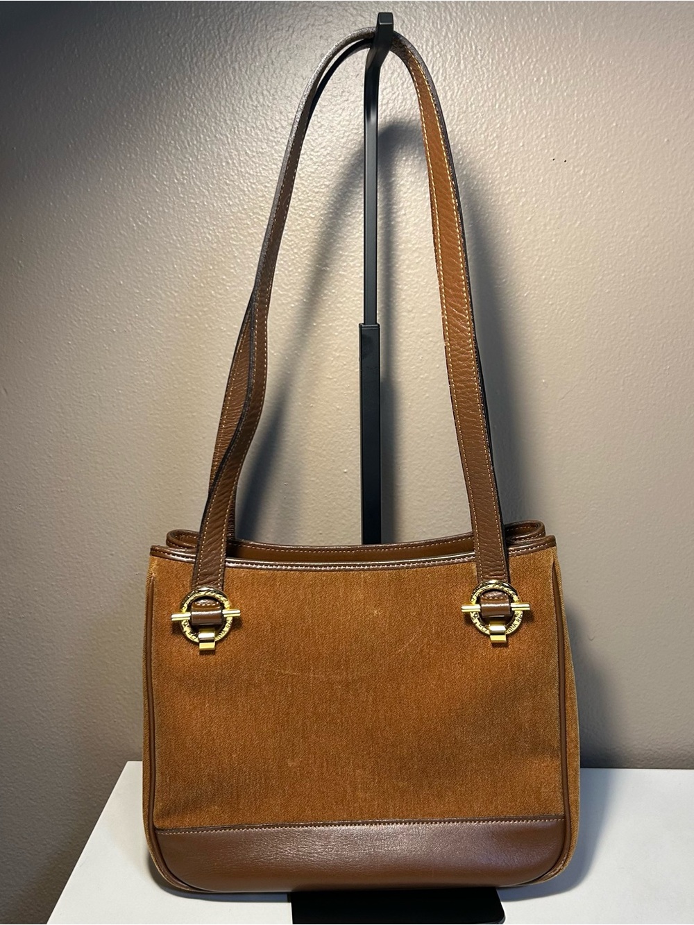 Nina Ricci Velvet Brown Tote Shoulder Bag Gold Hardware